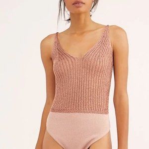 Free People Rose Gold Metallic Knit Bodysuit Size XS